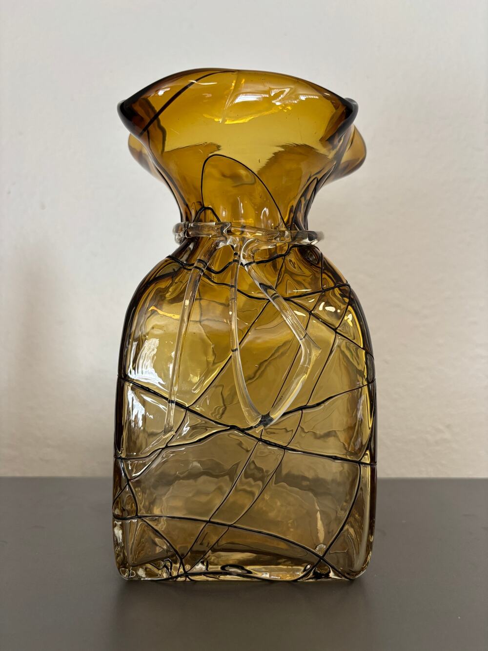 Vintage MCM Amber Blown Art Glass Vase with rippin